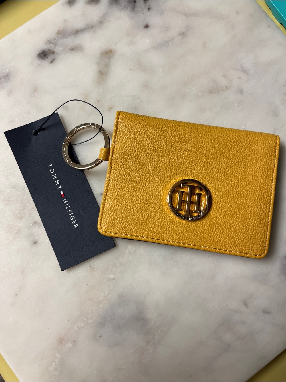 Tommy Hilfiger Mustard Yellow Leather Card Holder with Key Ring